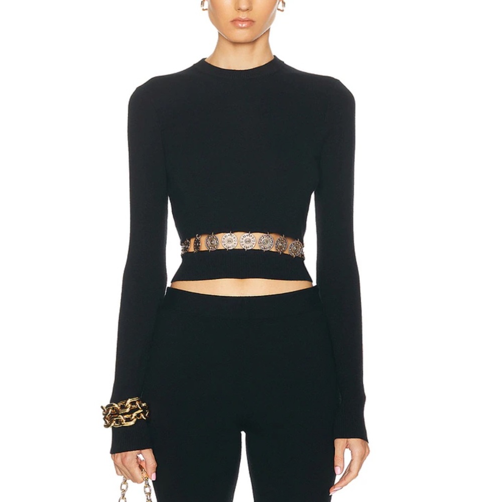 Paco Rabanne Embellished Gold Medallion Hem Wool & Silk Sweater size large $790